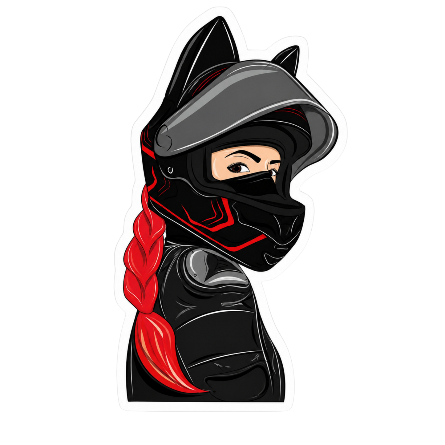 Cat Ear Helmet Red Braid Lady Biker Vinyl Sticker | Moto Sticker BD