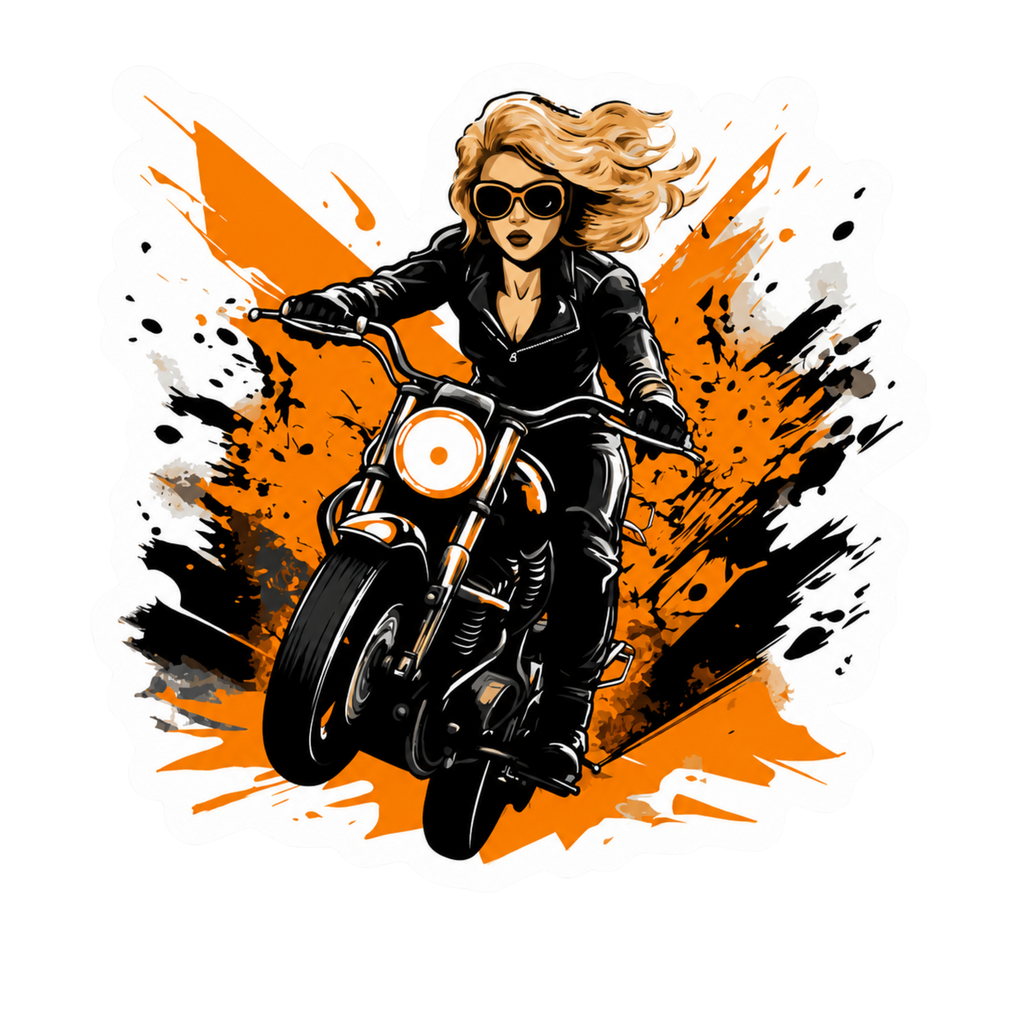 Blonde Biker Girl Orange Splatter Lady Biker Vinyl Sticker | Moto Sticker BD