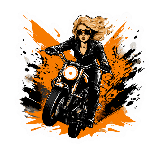Blonde Biker Girl Orange Splatter Lady Biker Vinyl Sticker | Moto Sticker BD