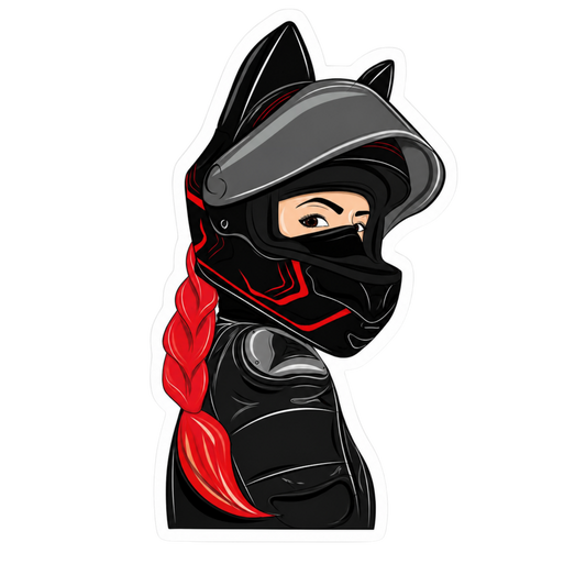 Cat Ear Helmet Red Braid Lady Biker Vinyl Sticker | Moto Sticker BD